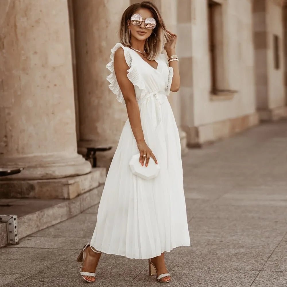 Emma | Elegant White V-Neck Ruffle Maxi Dress Sleeveless – view 1