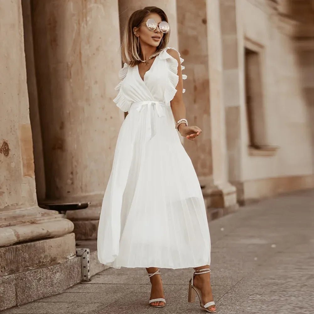 Emma | Elegant White V-Neck Ruffle Maxi Dress Sleeveless – view 2