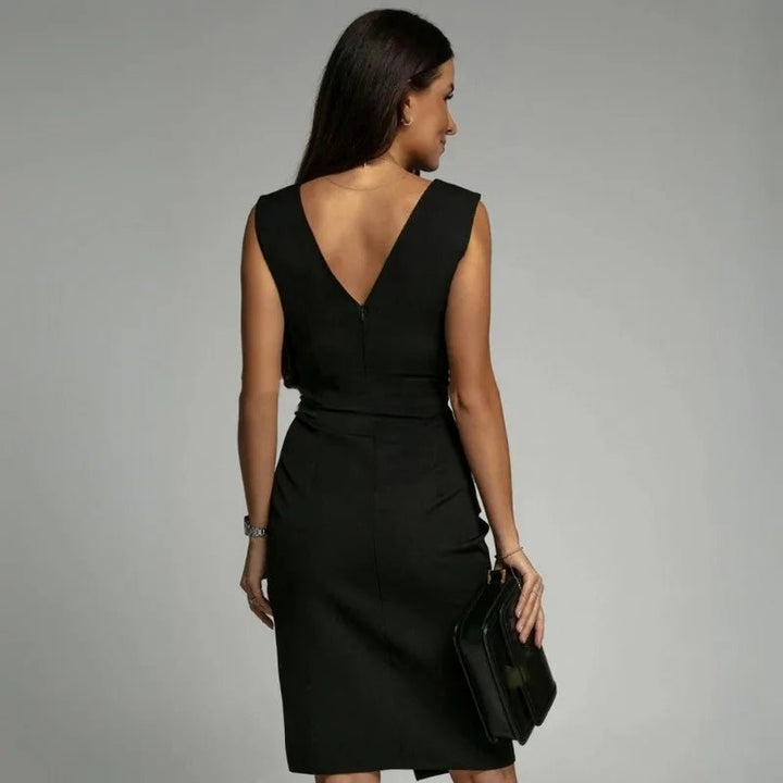 Lena | Elegant V - Neck Wrap Midi Dress With Pleated Detail - Emma's Dresses