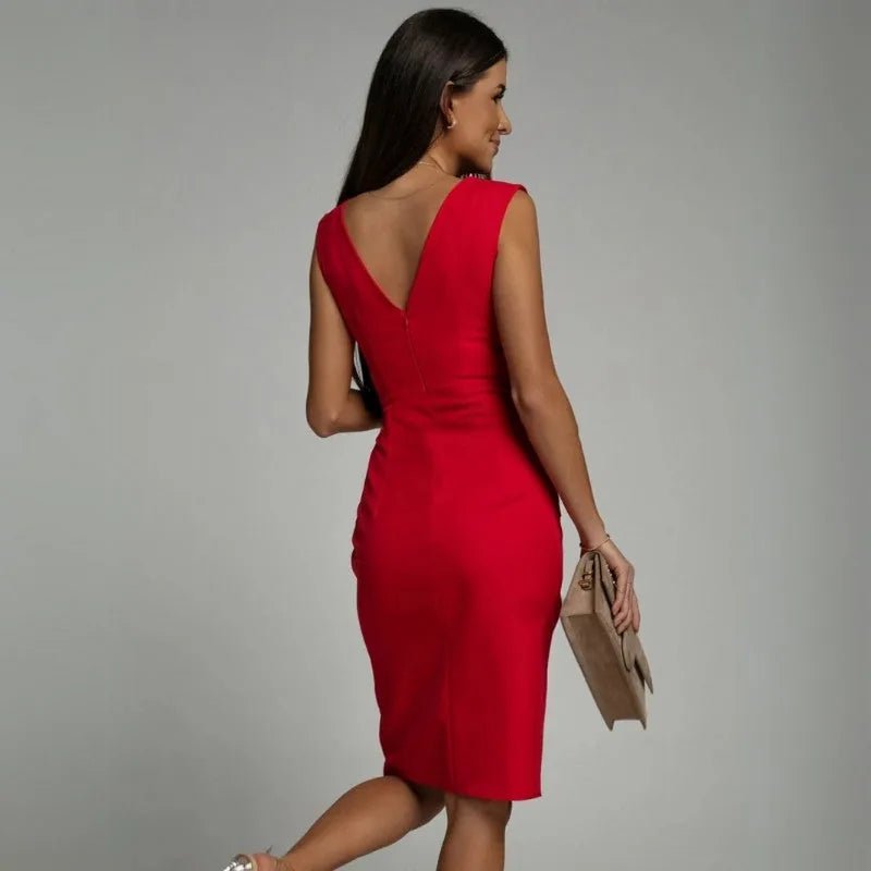 Lena | Elegant V - Neck Wrap Midi Dress With Pleated Detail - Emma's Dresses