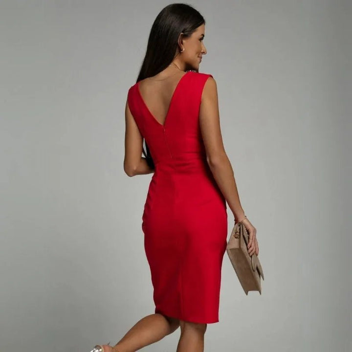 Lena | Elegant V - Neck Wrap Midi Dress With Pleated Detail - Emma's Dresses