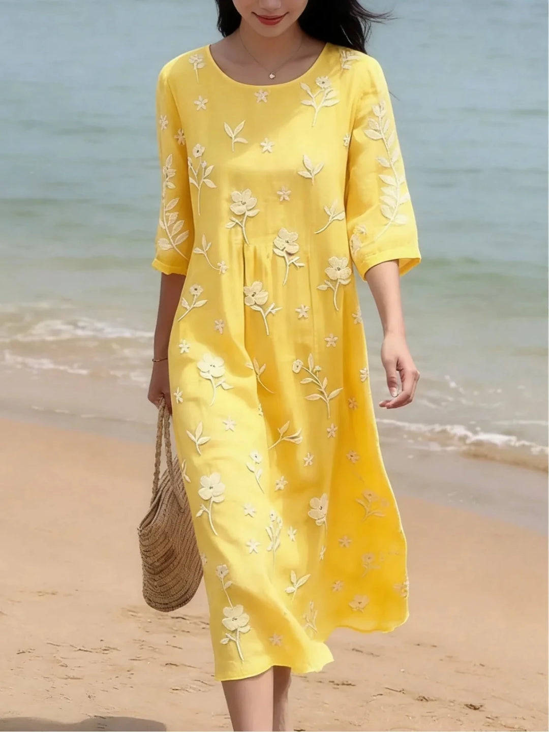 Sienna | Elegant Yellow Embroidered Midi Dress with 3/4 Sleeves - Emma's Dresses