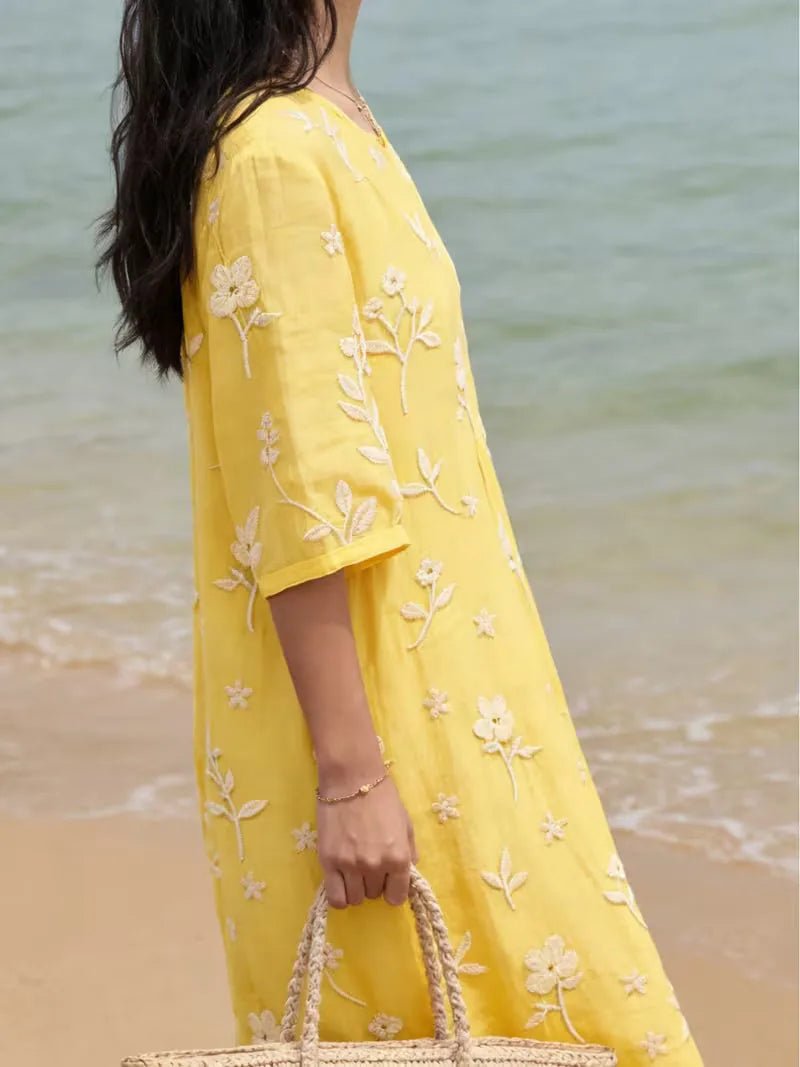 Sienna | Elegant Yellow Embroidered Midi Dress with 3/4 Sleeves - Emma's Dresses