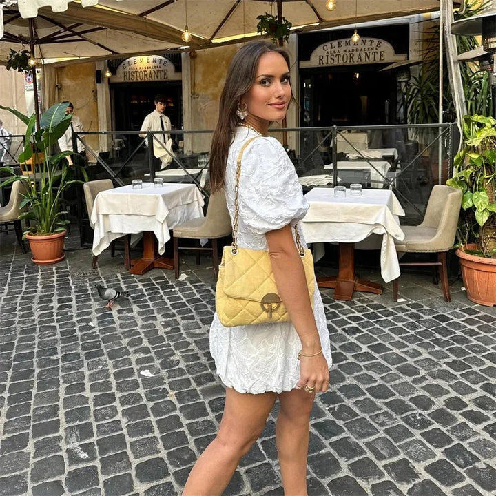 Maya | Elegant White Embroidered Puff Sleeve V - Neck Mini Dress - Emma's Dresses