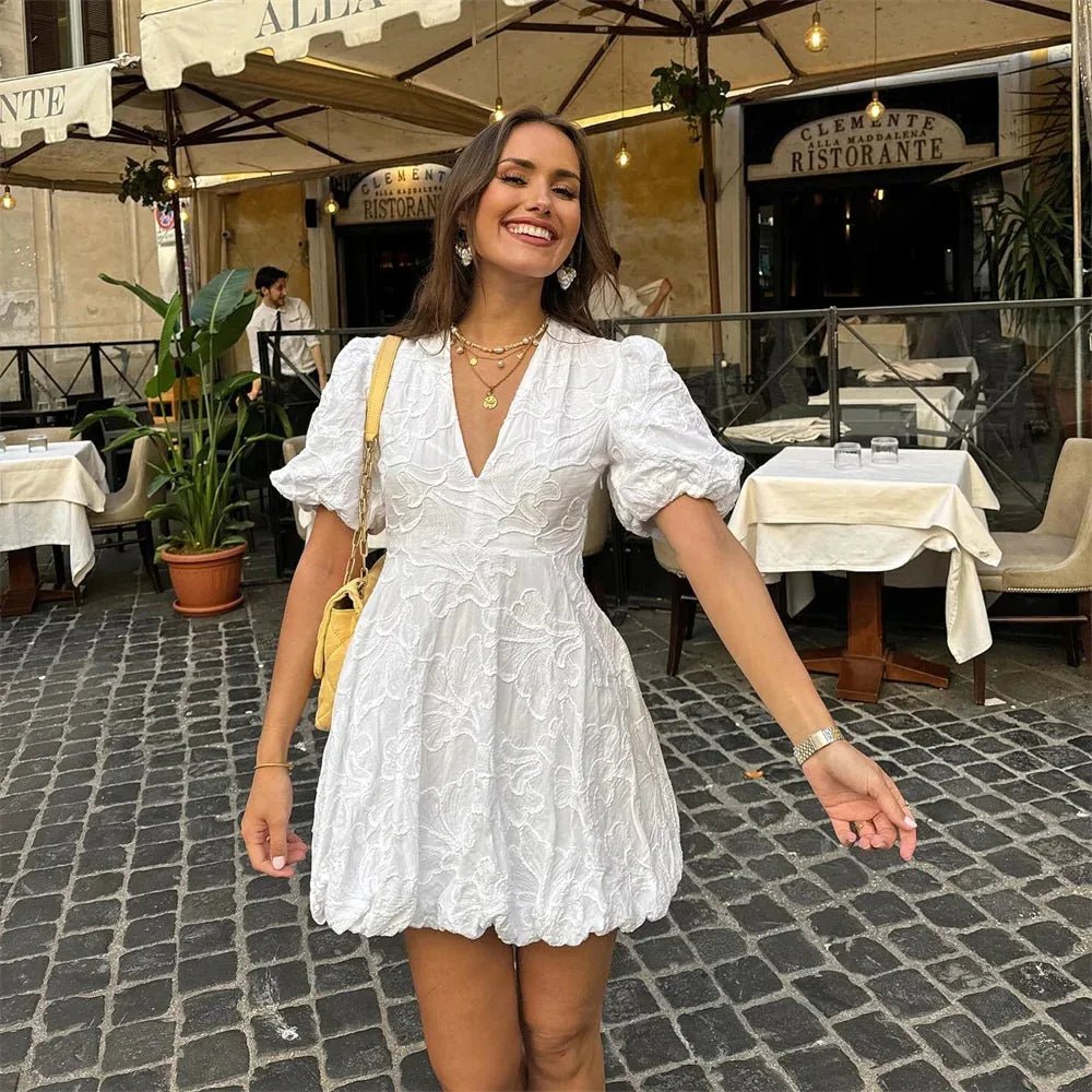 Maya | Elegant White Embroidered Puff Sleeve V - Neck Mini Dress - Emma's Dresses