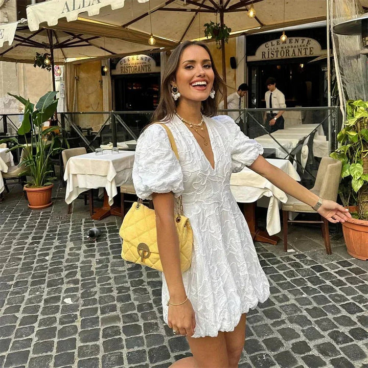 Maya | Elegant White Embroidered Puff Sleeve V - Neck Mini Dress - Emma's Dresses