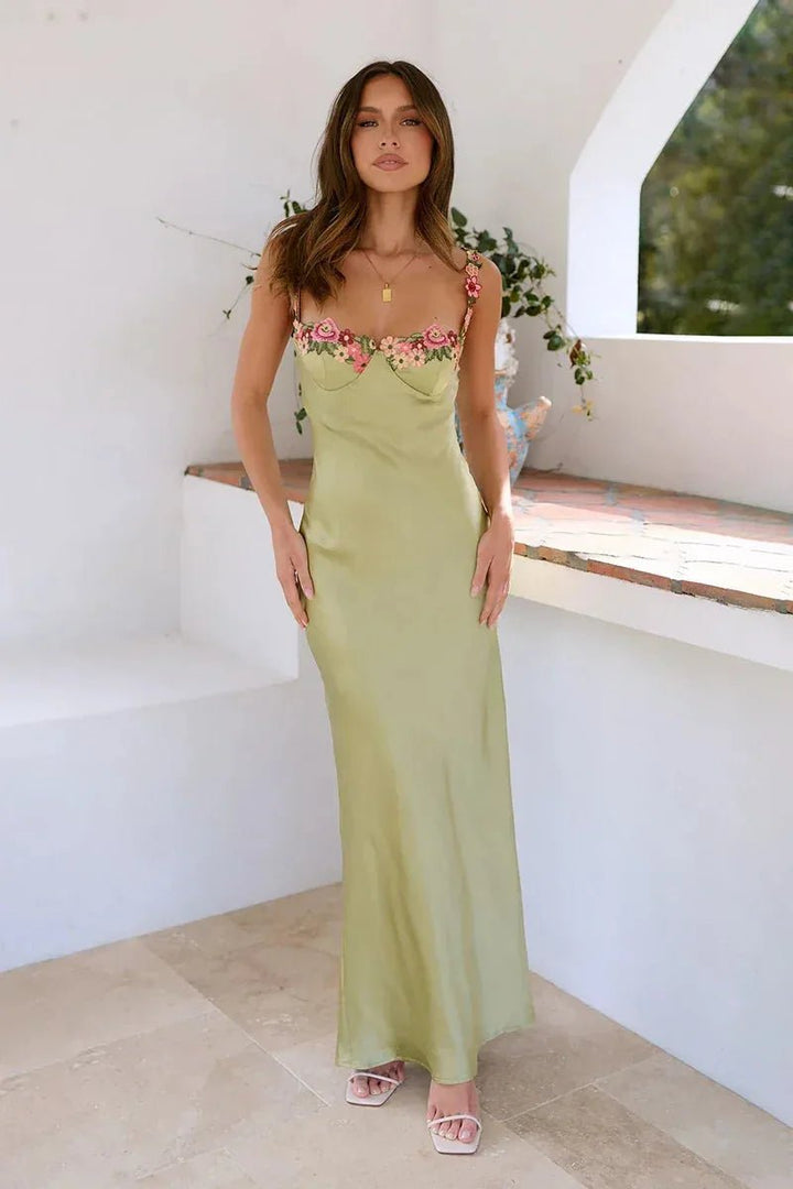 Hazel | Elegant Floral Embroidered Satin Maxi Dress - Emma's Dresses