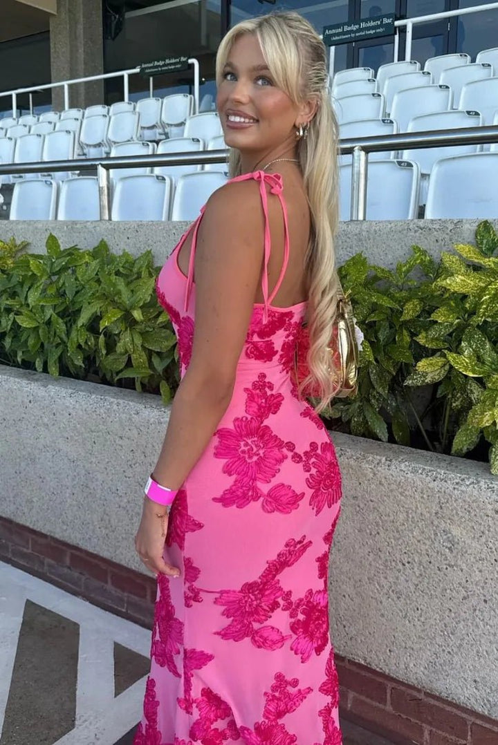 Lucy | Elegant Floral Embroidered Maxi Dress With Tie Straps - Emma's Dresses
