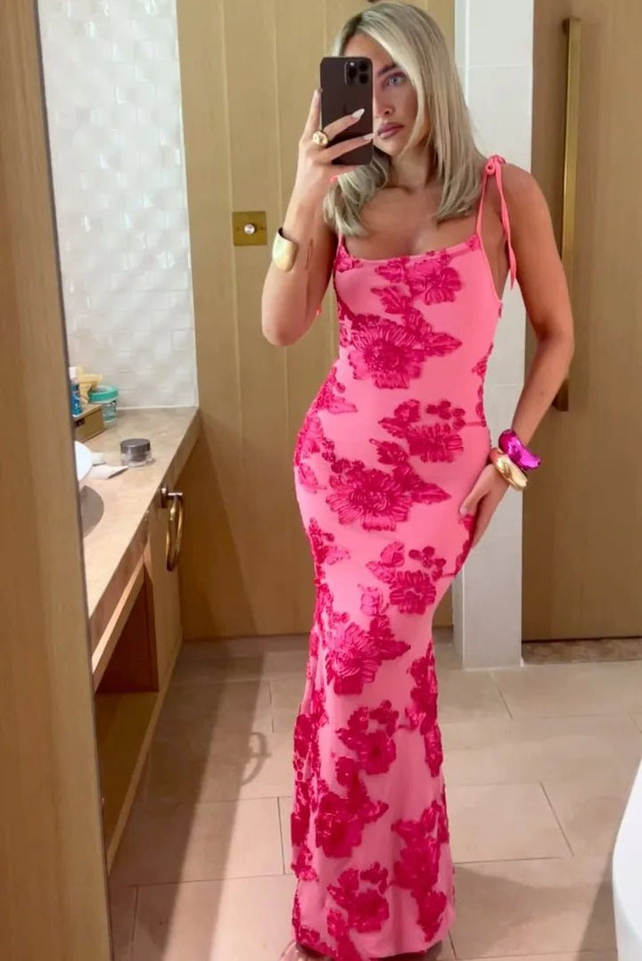 Lucy | Elegant Floral Embroidered Maxi Dress With Tie Straps - Emma's Dresses