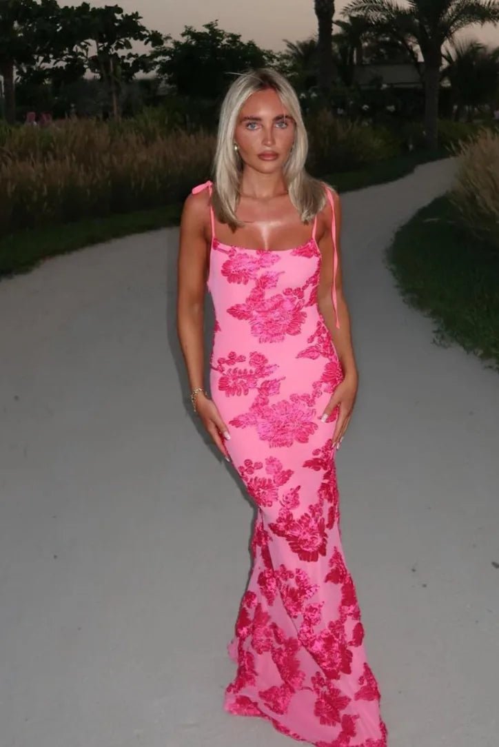 Lucy | Elegant Floral Embroidered Maxi Dress With Tie Straps - Emma's Dresses