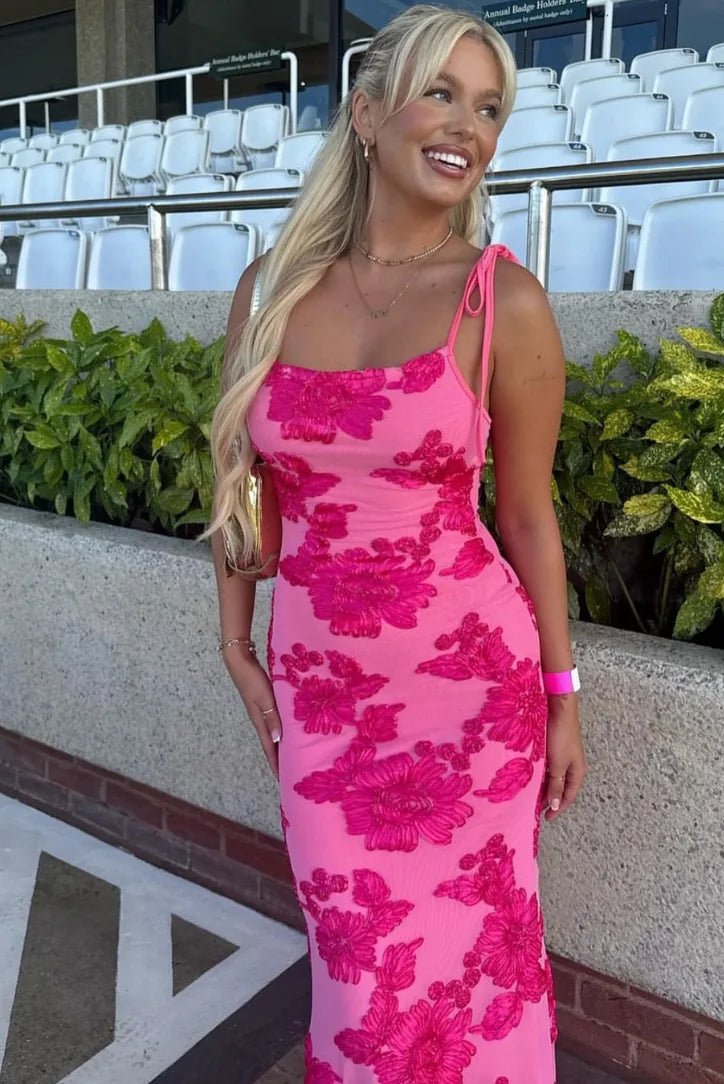 Lucy | Elegant Floral Embroidered Maxi Dress With Tie Straps - Emma's Dresses