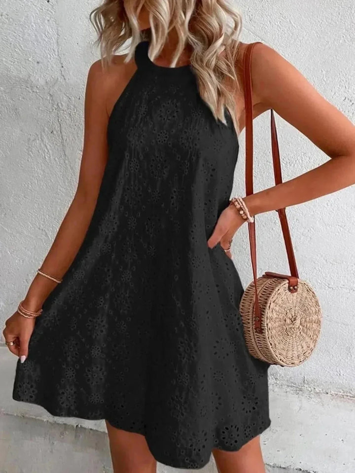 Elise | Stylish Orange Eyelet Halter Neck Dress - Emma's Dresses