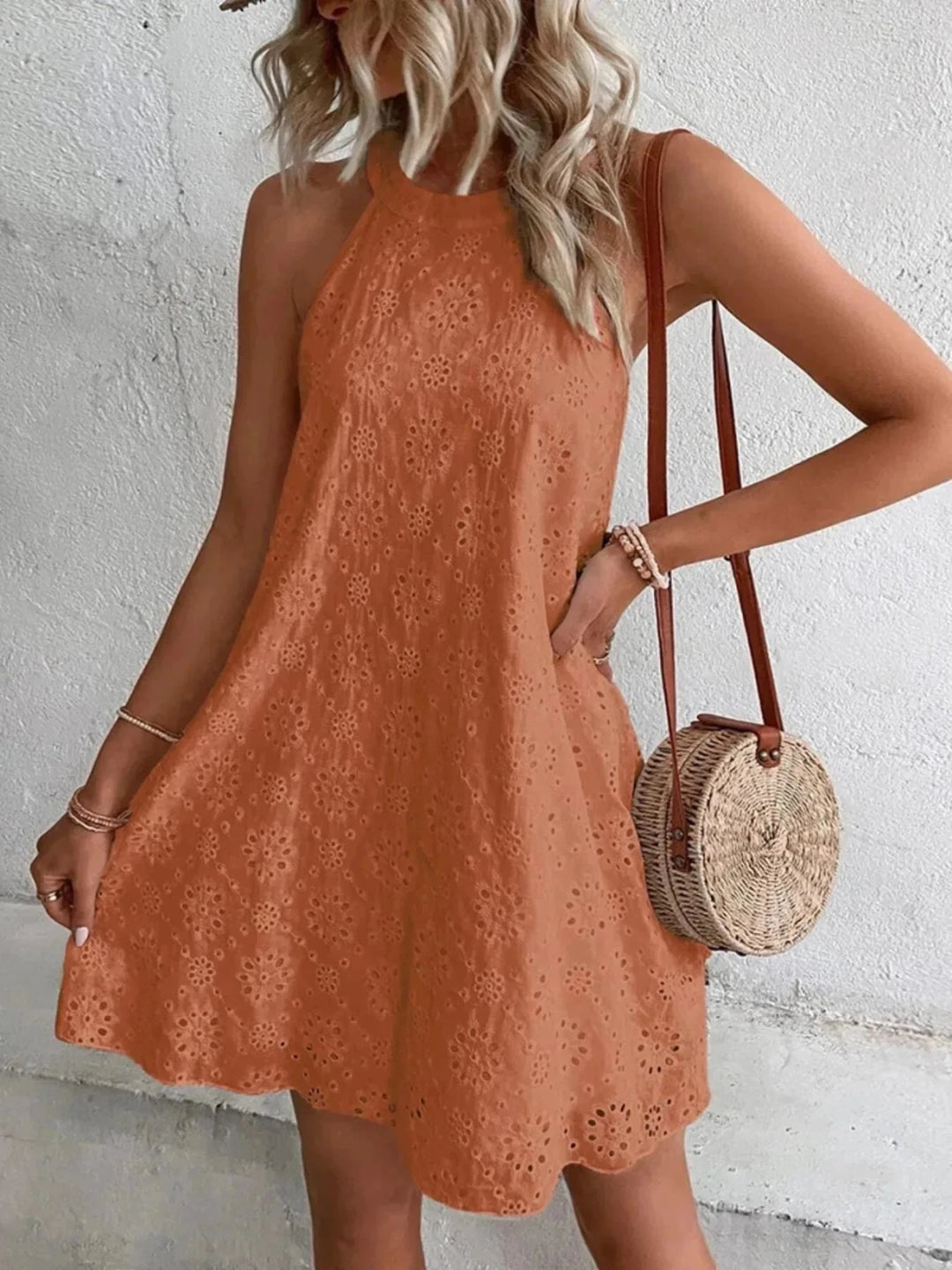 Elise | Stylish Orange Eyelet Halter Neck Dress - Emma's Dresses