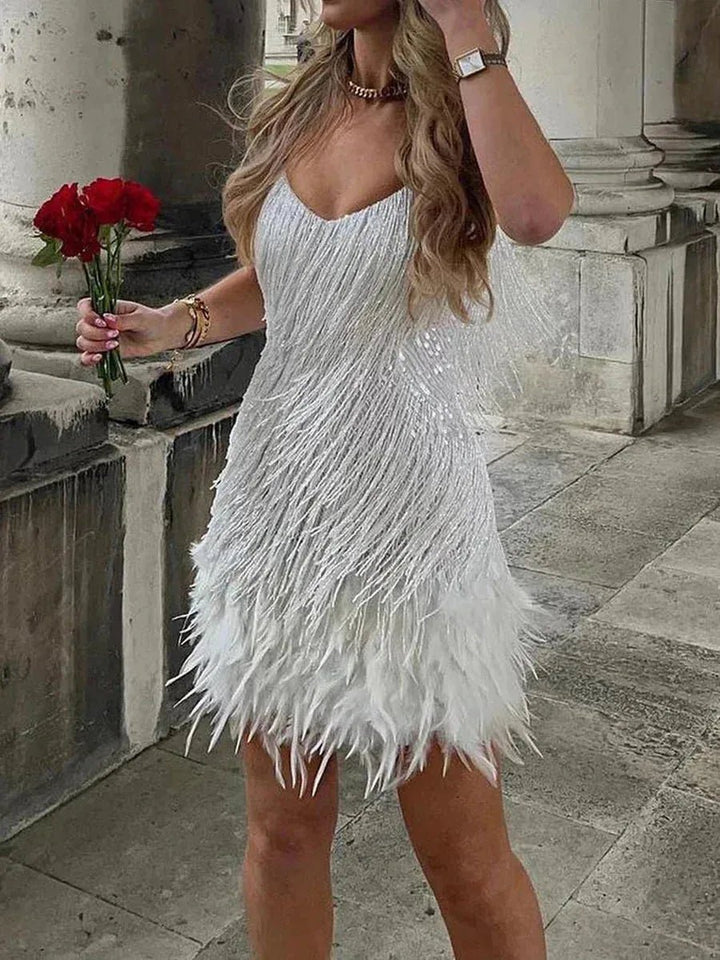 Clara | Elegant White Feather Mini Dress with V - Neck - Emma's Dresses