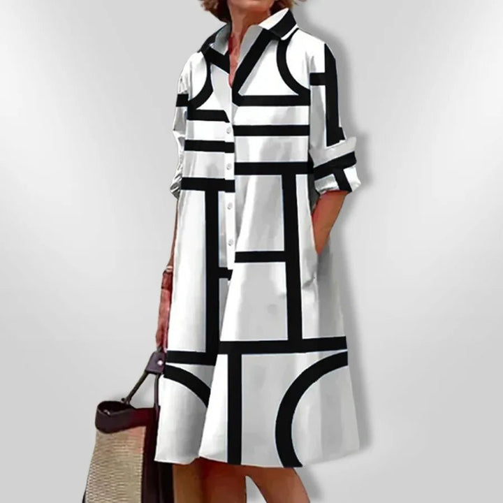 Chloe | Chic Geometric Print Button - Up Midi Dress - Emma's Dresses