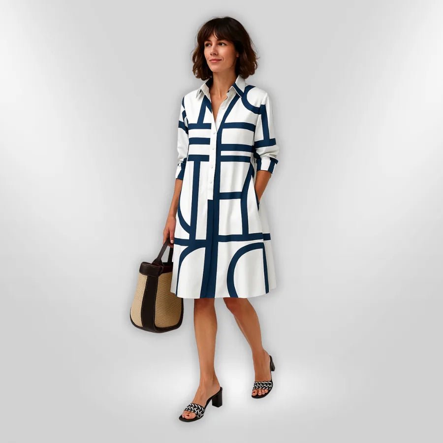 Chloe | Chic Geometric Print Button - Up Midi Dress - Emma's Dresses