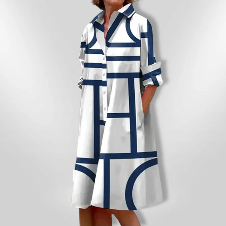Chloe | Chic Geometric Print Button - Up Midi Dress - Emma's Dresses