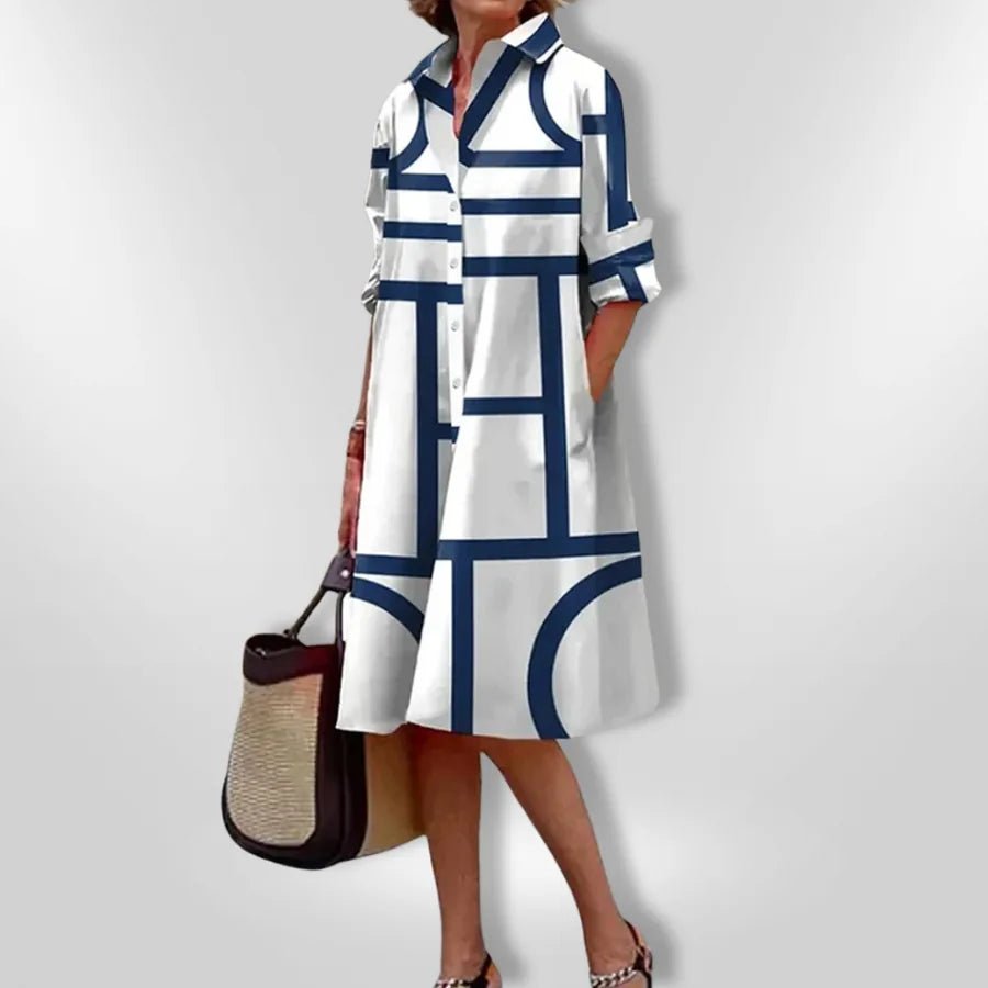 Chloe | Chic Geometric Print Button - Up Midi Dress - Emma's Dresses