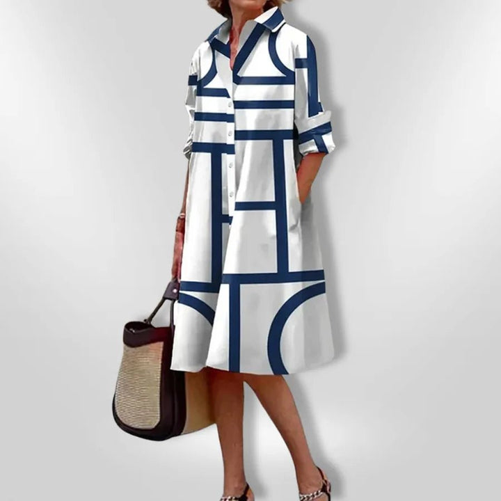 Chloe | Chic Geometric Print Button - Up Midi Dress - Emma's Dresses
