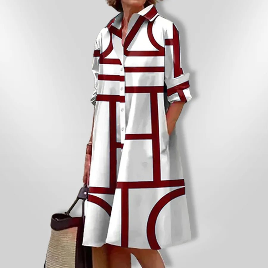 Chloe | Chic Geometric Print Button - Up Midi Dress - Emma's Dresses