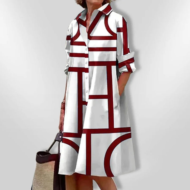 Chloe | Chic Geometric Print Button - Up Midi Dress - Emma's Dresses