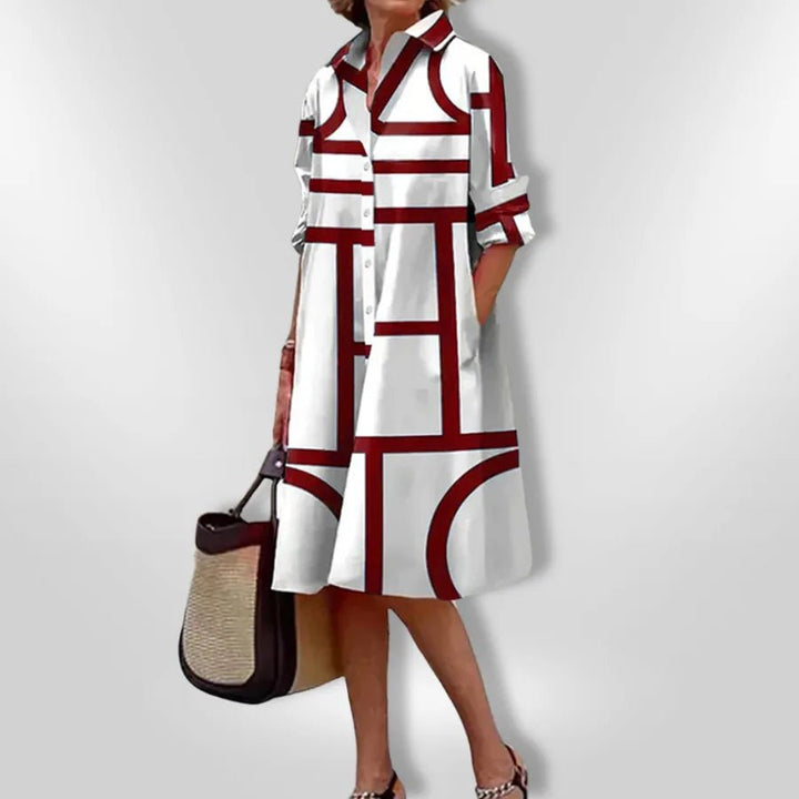 Chloe | Chic Geometric Print Button - Up Midi Dress - Emma's Dresses