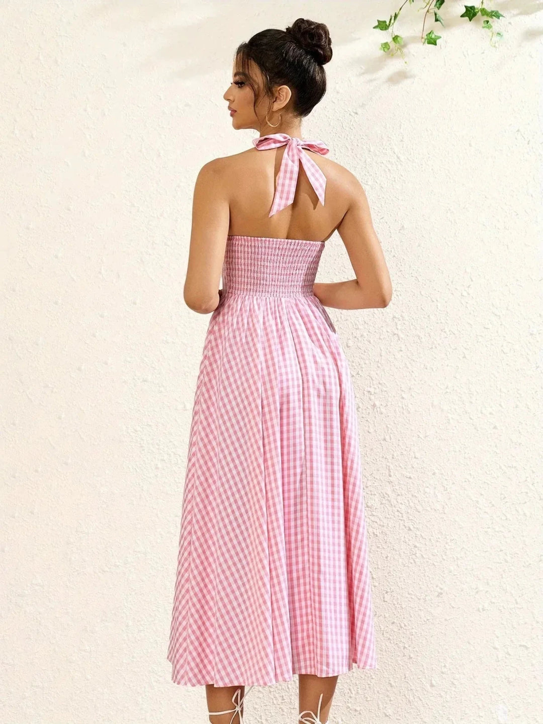 Margot | Stylish Pink Gingham Halter V - Neck Midi Dress - Emma's Dresses