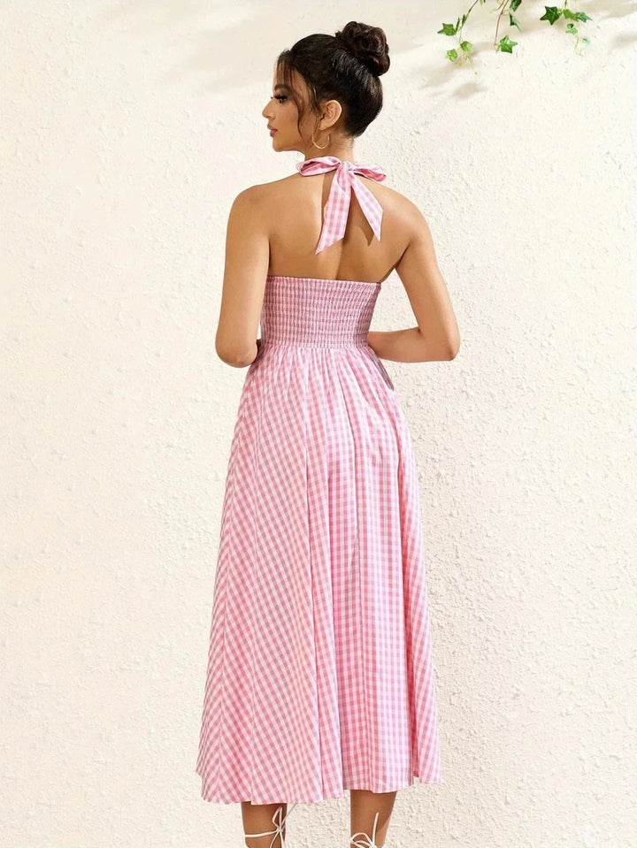Margot | Stylish Pink Gingham Halter V - Neck Midi Dress - Emma's Dresses