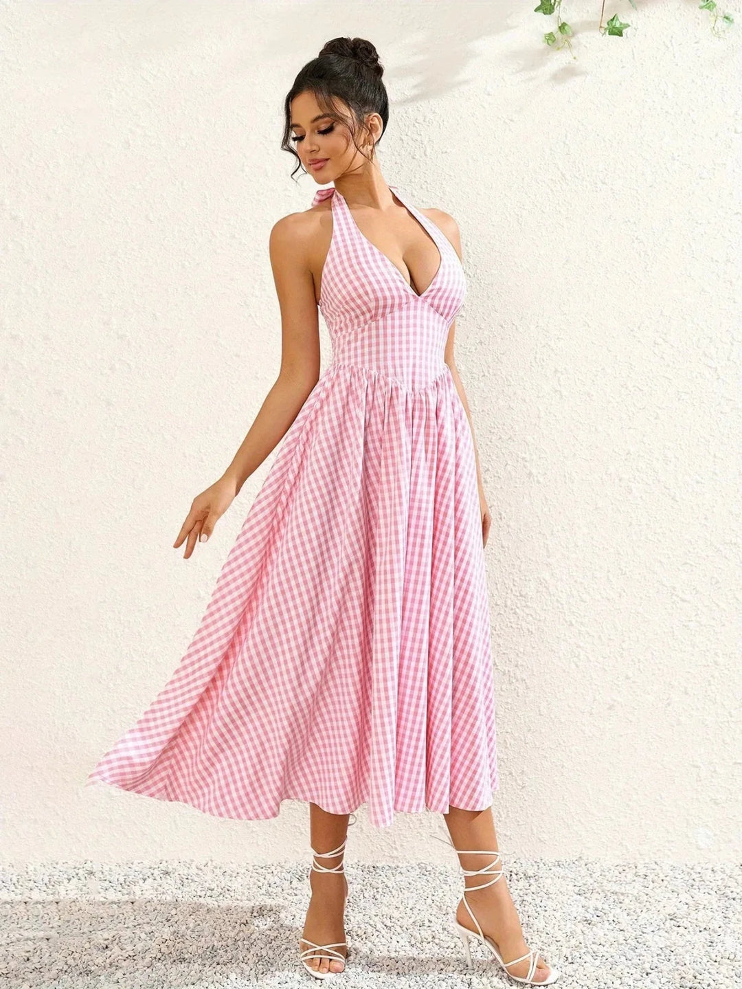 Margot | Stylish Pink Gingham Halter V - Neck Midi Dress - Emma's Dresses