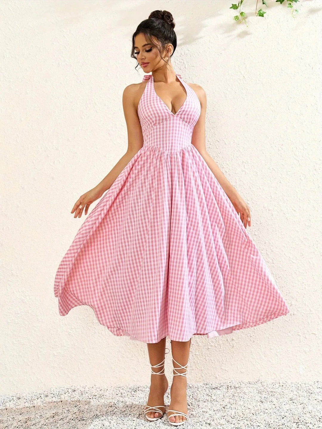 Margot | Stylish Pink Gingham Halter V - Neck Midi Dress - Emma's Dresses