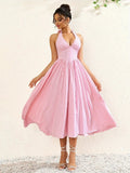 Margot | Stylish Pink Gingham Halter V-Neck Midi Dress