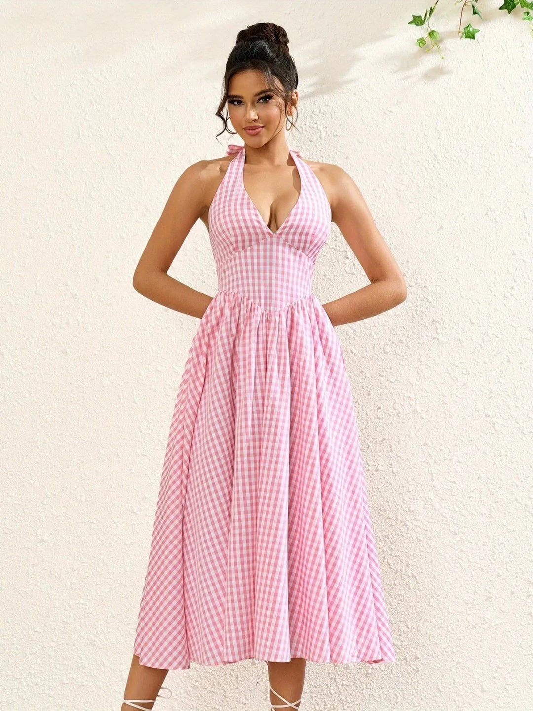 Margot | Stylish Pink Gingham Halter V - Neck Midi Dress - Emma's Dresses