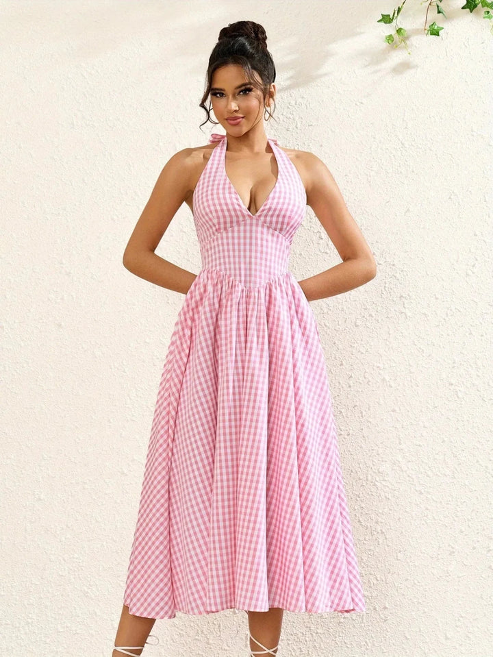 Margot | Stylish Pink Gingham Halter V - Neck Midi Dress - Emma's Dresses