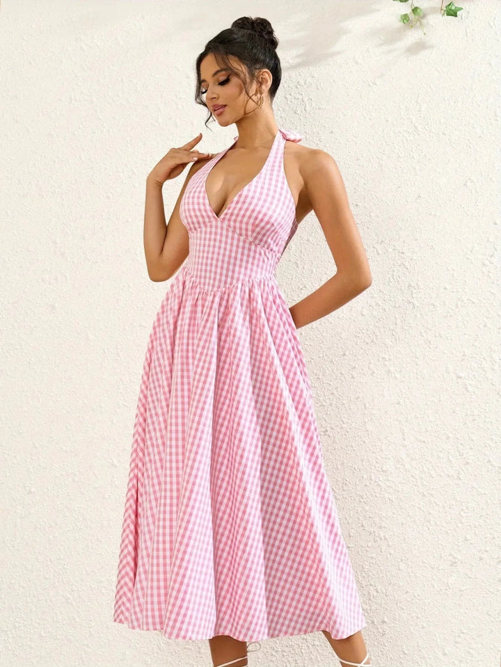 Margot | Stylish Pink Gingham Halter V - Neck Midi Dress - Emma's Dresses