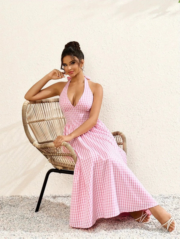 Margot | Stylish Pink Gingham Halter V - Neck Midi Dress - Emma's Dresses
