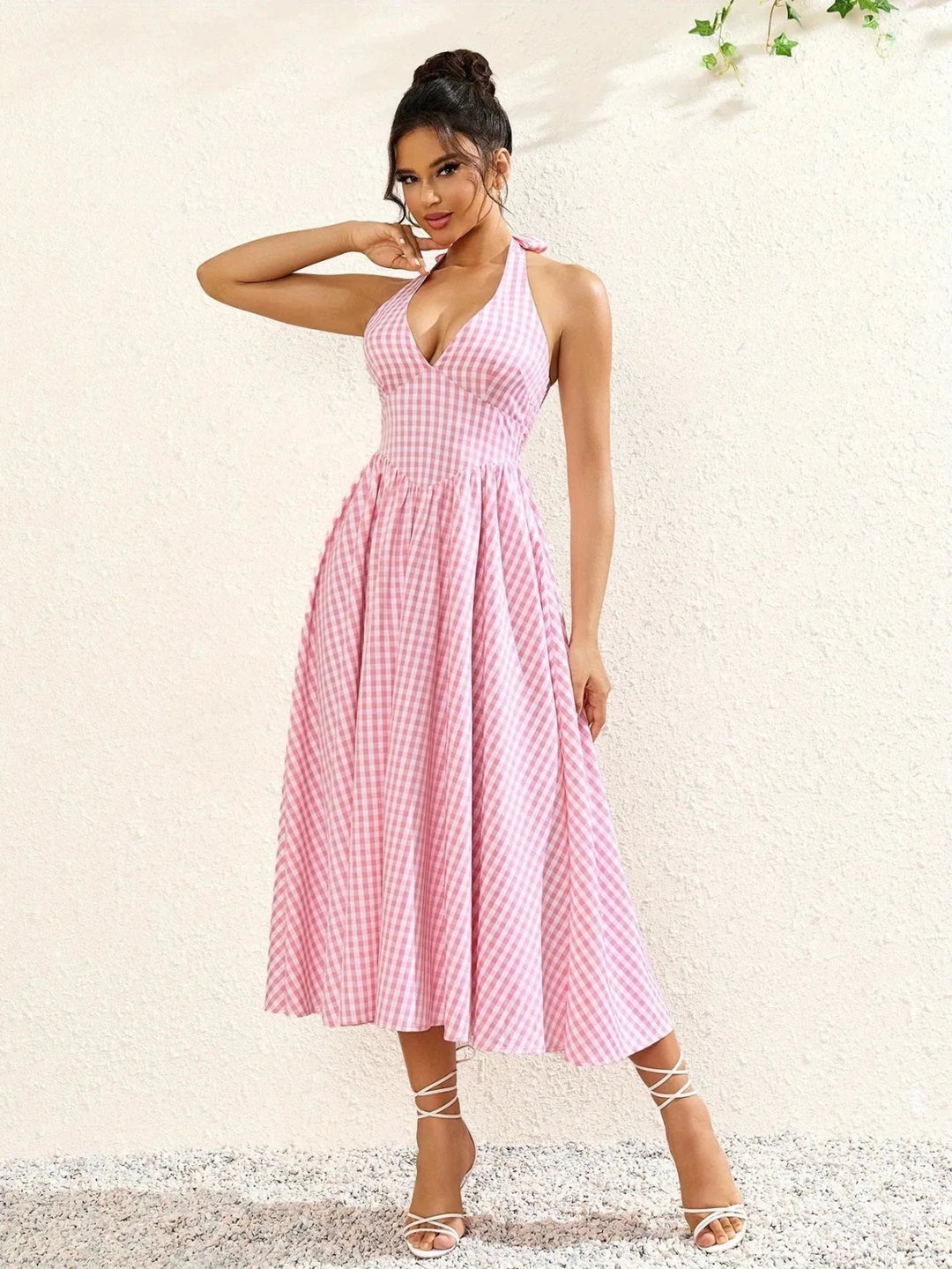 Margot | Stylish Pink Gingham Halter V - Neck Midi Dress - Emma's Dresses