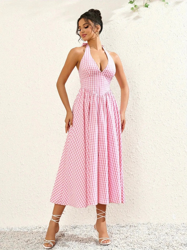 Margot | Stylish Pink Gingham Halter V - Neck Midi Dress - Emma's Dresses