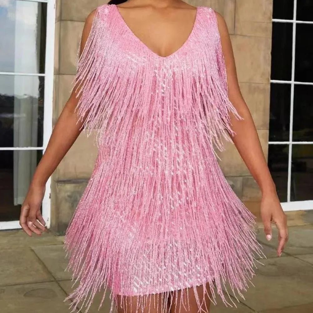 Elena | Glamorous Sequin V - Neck Mini Dress With Fringe Detail - Emma's Dresses