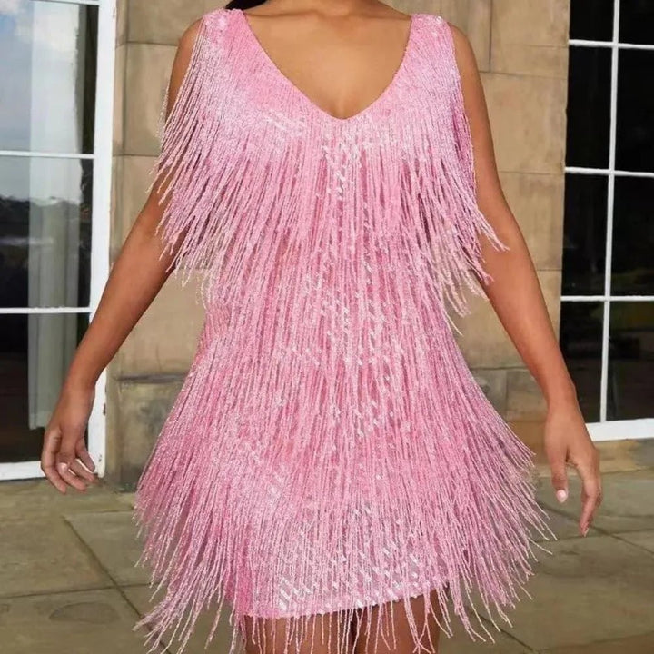 Elena | Glamorous Sequin V - Neck Mini Dress With Fringe Detail - Emma's Dresses