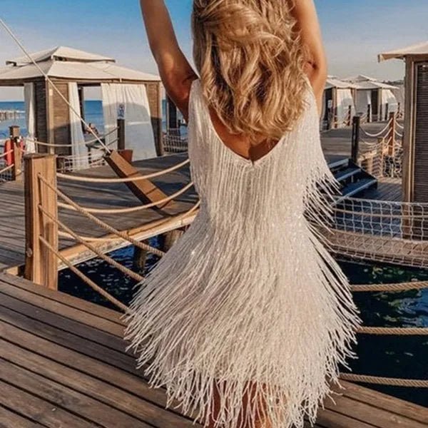 Elena | Glamorous Sequin V - Neck Mini Dress With Fringe Detail - Emma's Dresses