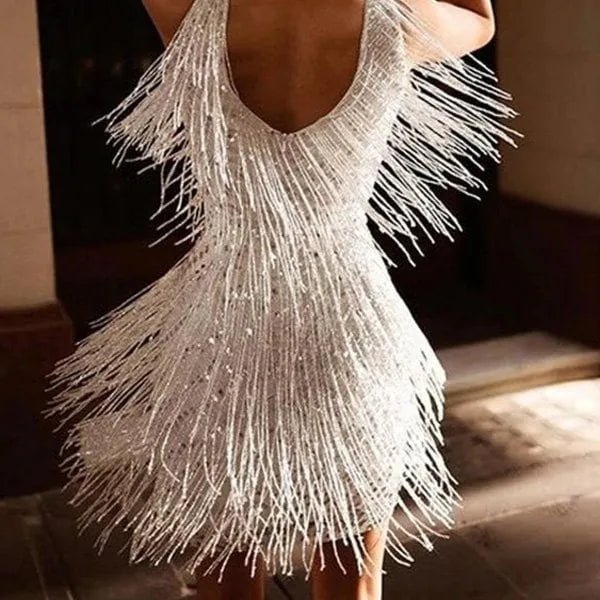 Elena | Glamorous Sequin V - Neck Mini Dress With Fringe Detail - Emma's Dresses