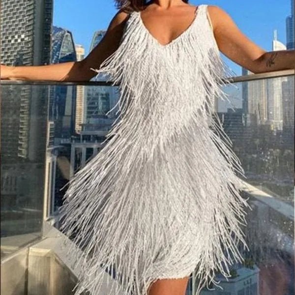Elena | Glamorous Sequin V - Neck Mini Dress With Fringe Detail - Emma's Dresses