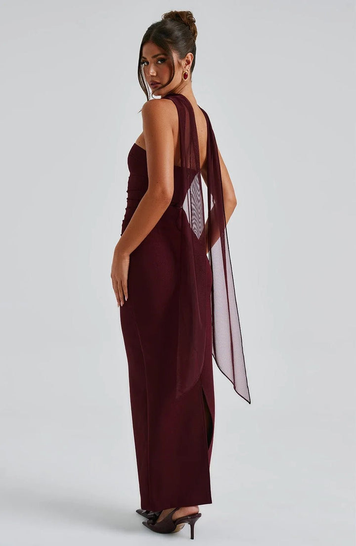 Daphne | Elegant Halter Neck Maxi Dress with Mesh Sleeves - Emma's Dresses