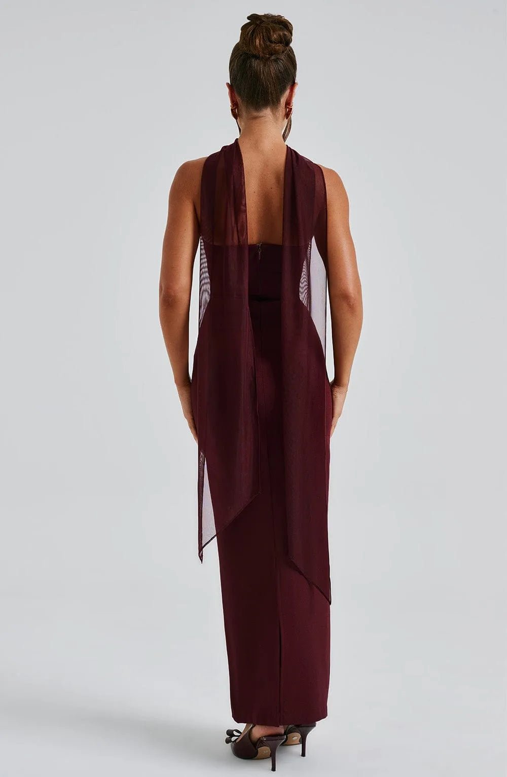 Daphne | Elegant Halter Neck Maxi Dress with Mesh Sleeves - Emma's Dresses