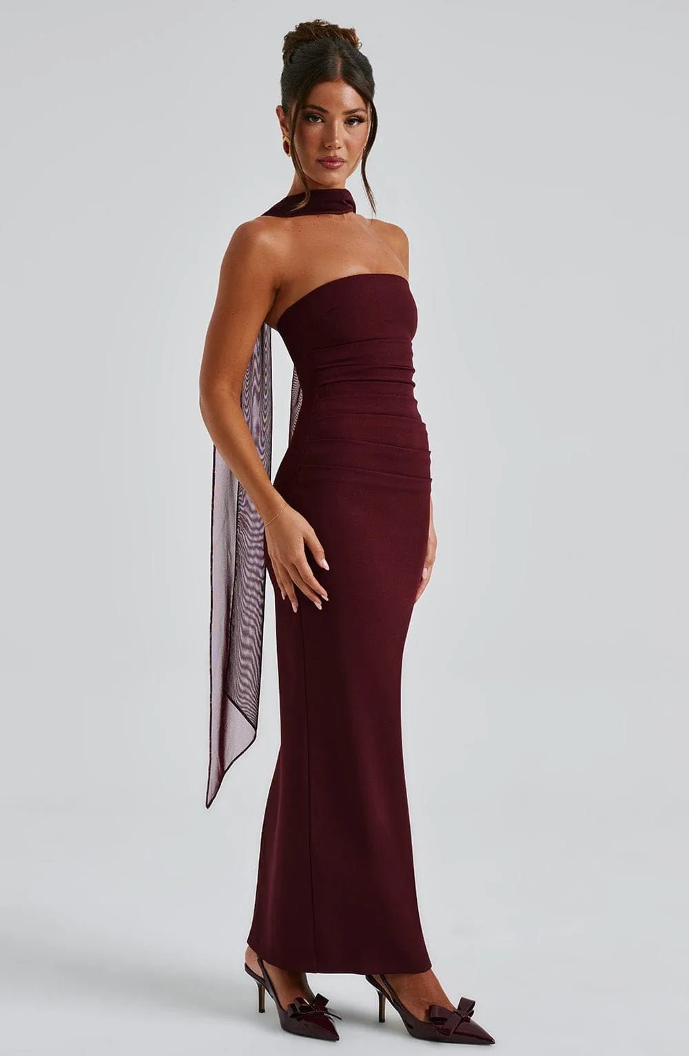 Daphne | Elegant Halter Neck Maxi Dress with Mesh Sleeves - Emma's Dresses