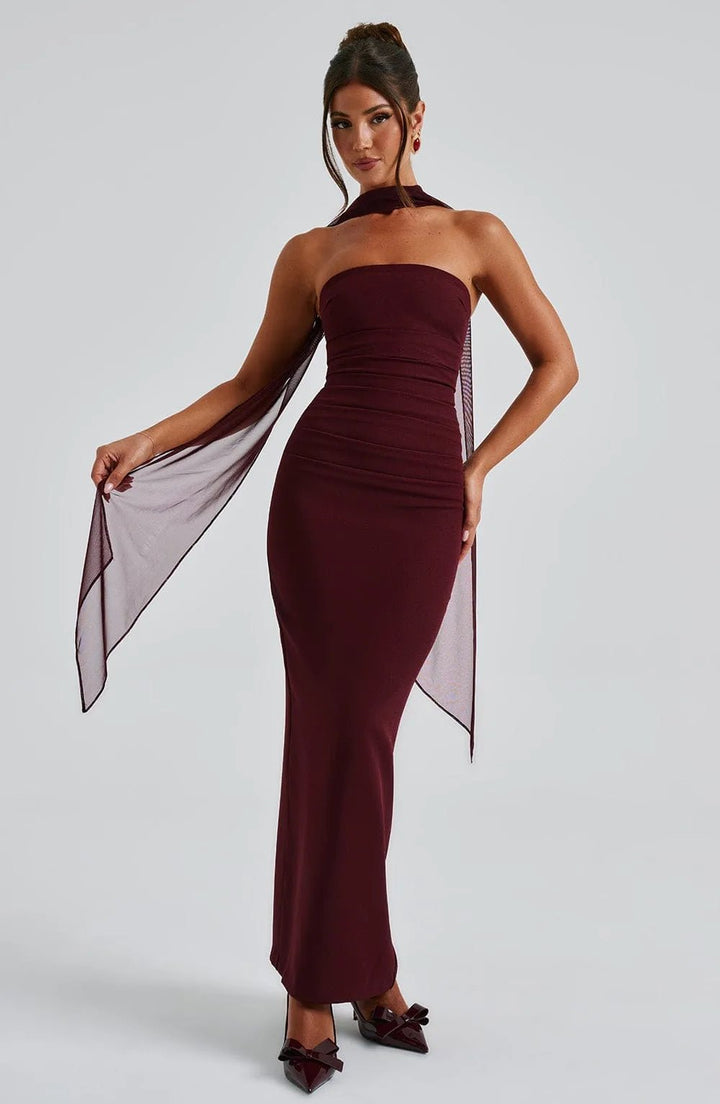 Daphne | Elegant Halter Neck Maxi Dress with Mesh Sleeves - Emma's Dresses