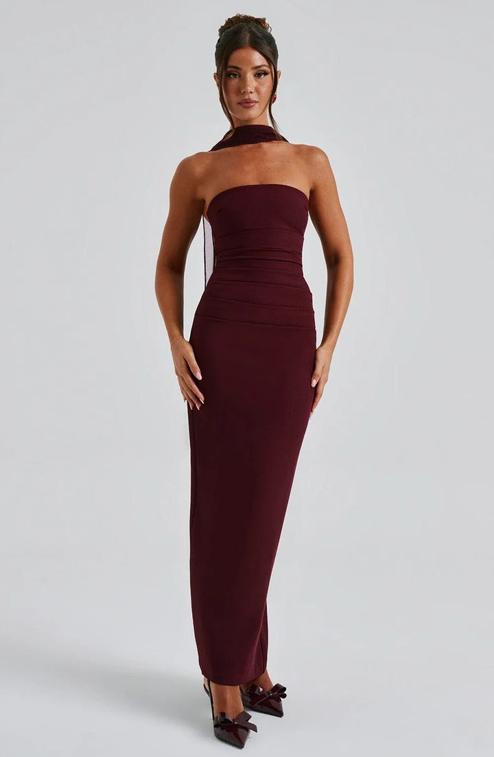 Daphne | Elegant Halter Neck Maxi Dress with Mesh Sleeves - Emma's Dresses