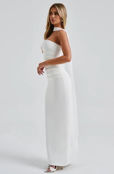 Daphne | Elegant Halter Neck Maxi Dress with Mesh Sleeves - Emma's Dresses