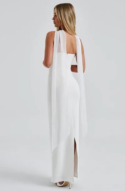 Daphne | Elegant Halter Neck Maxi Dress with Mesh Sleeves - Emma's Dresses