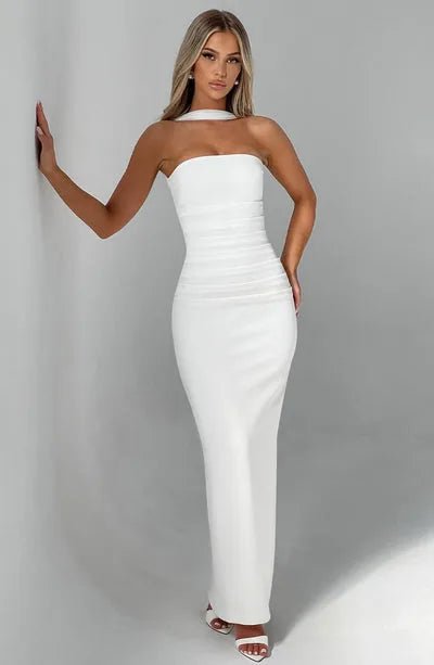 Daphne | Elegant Halter Neck Maxi Dress with Mesh Sleeves - Emma's Dresses